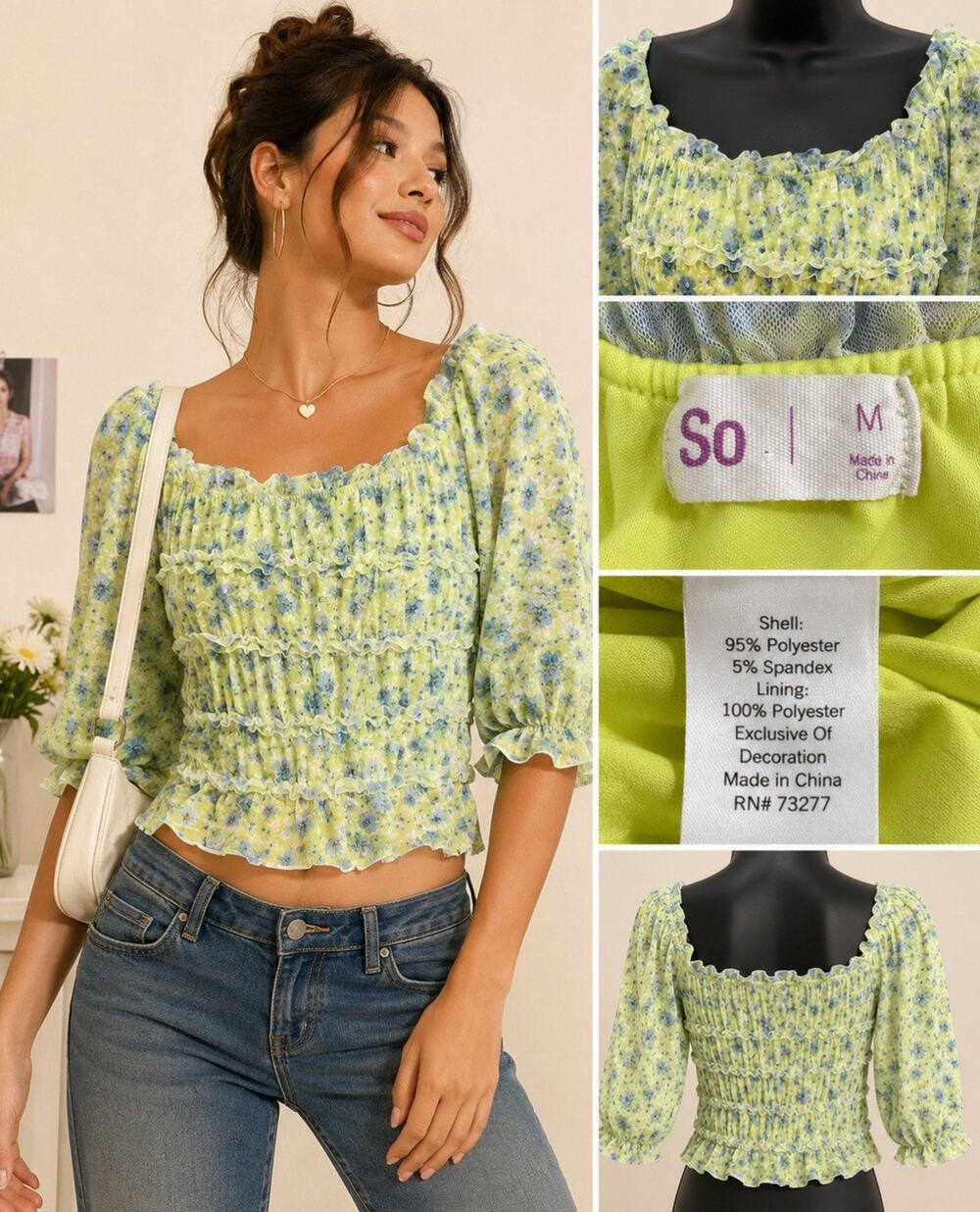 Y2K 2000s Boho Cottagecore SO Women's Smocked Floral Blouse Size M Lime Blue